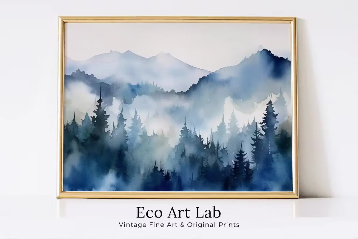 Blue Mountain Forest Art. Watercolor Forest Landscape Printable. Forest Trees Painting Print. Printable Wall Art. Digital Art. Nature Decor. – Printable Wall Art