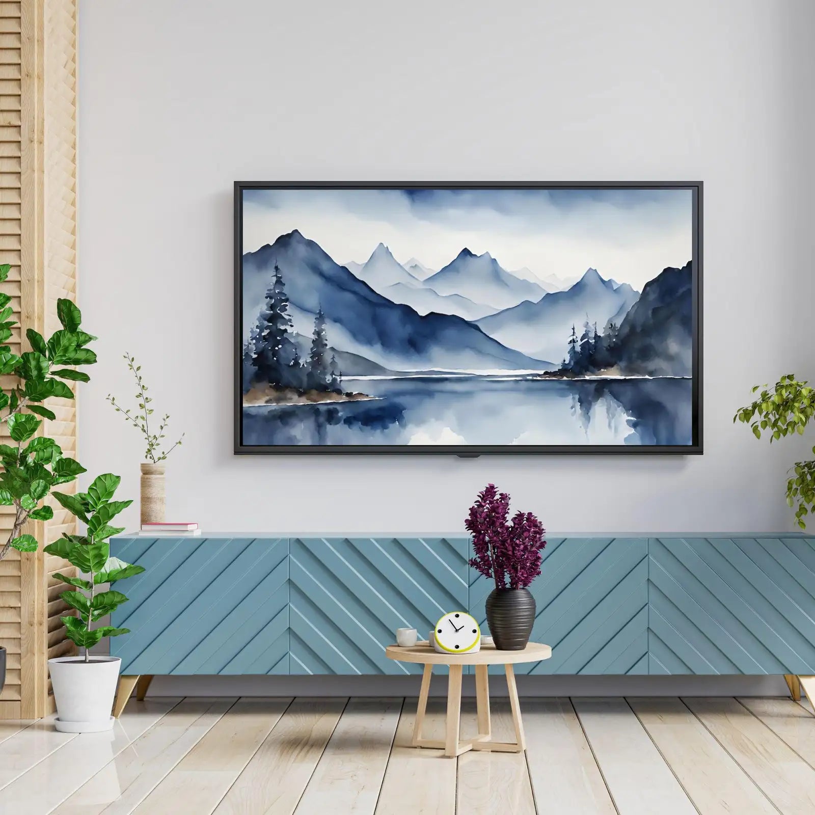 Blue Mountains Lake Art. Watercolor Decor for Frame TV. Minimalist Nature Scene Artwork – Frame TV Digital Download Art – Digital Download
