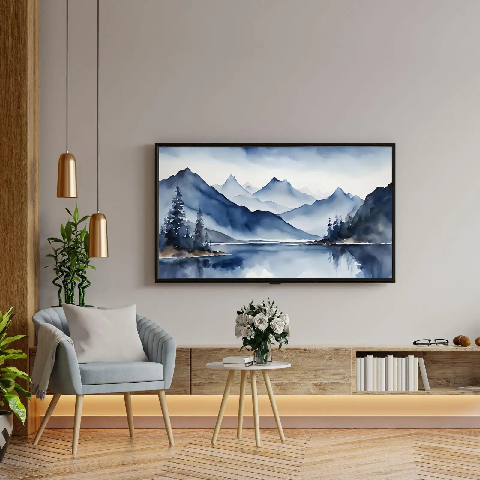 Blue Mountains Lake Art. Watercolor Decor for Frame TV. Minimalist Nature Scene Artwork – Frame TV Digital Download Art – Digital Download