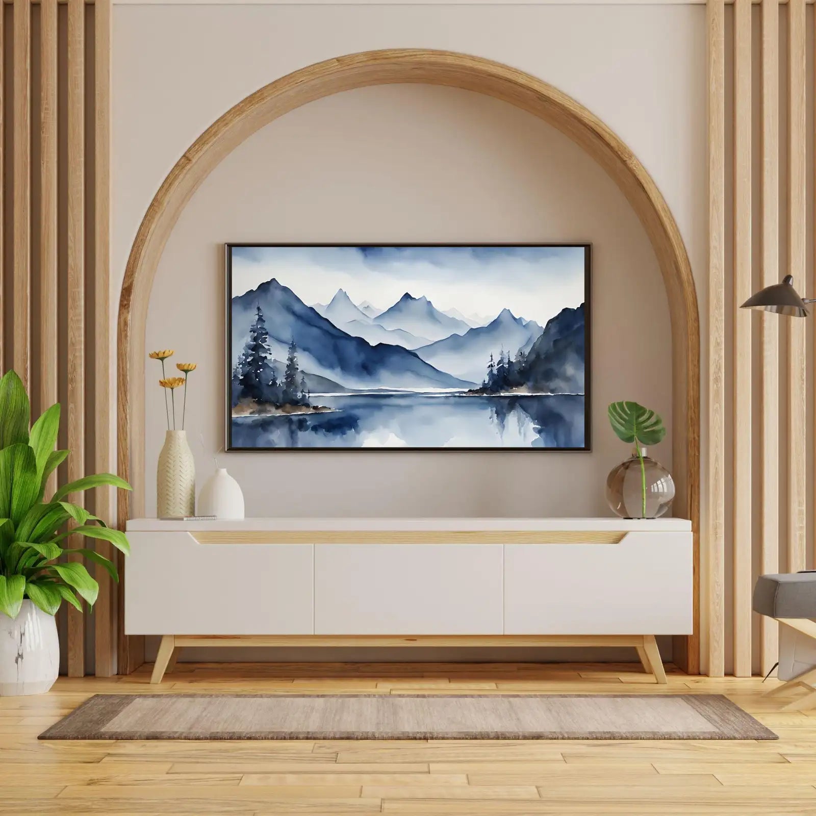 Blue Mountains Lake Art. Watercolor Decor for Frame TV. Minimalist Nature Scene Artwork – Frame TV Digital Download Art – Digital Download