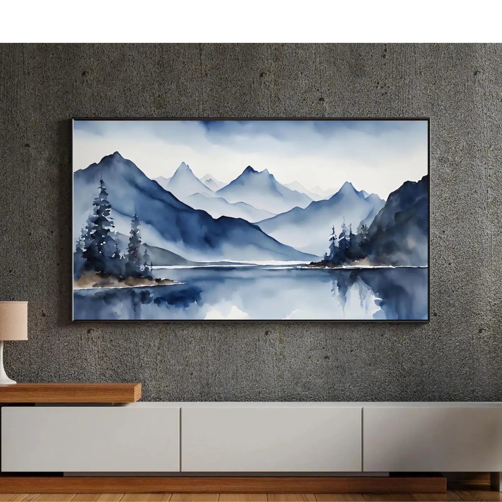 Blue Mountains Lake Art. Watercolor Decor for Frame TV. Minimalist Nature Scene Artwork – Frame TV Digital Download Art – Digital Download