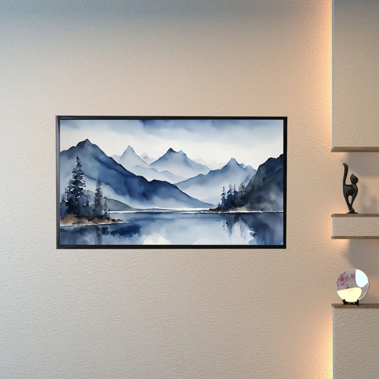 Blue Mountains Lake Art. Watercolor Decor for Frame TV. Minimalist Nature Scene Artwork – Frame TV Digital Download Art – Digital Download