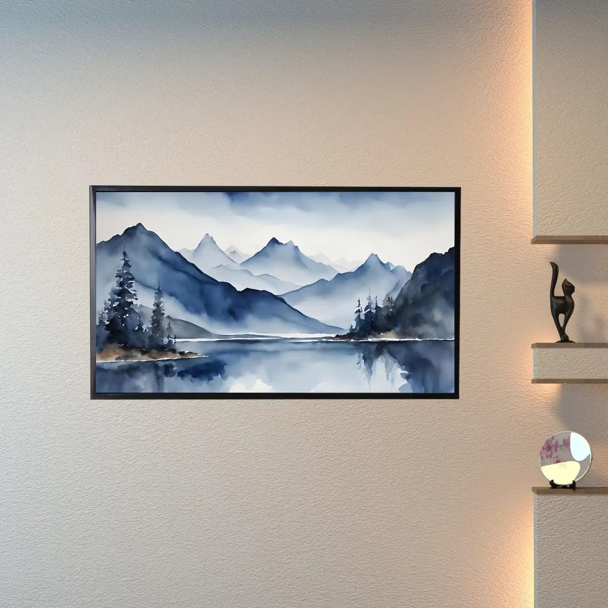 Blue Mountains Lake Art. Watercolor Decor for Frame TV. Minimalist Nature Scene Artwork – Frame TV  Art