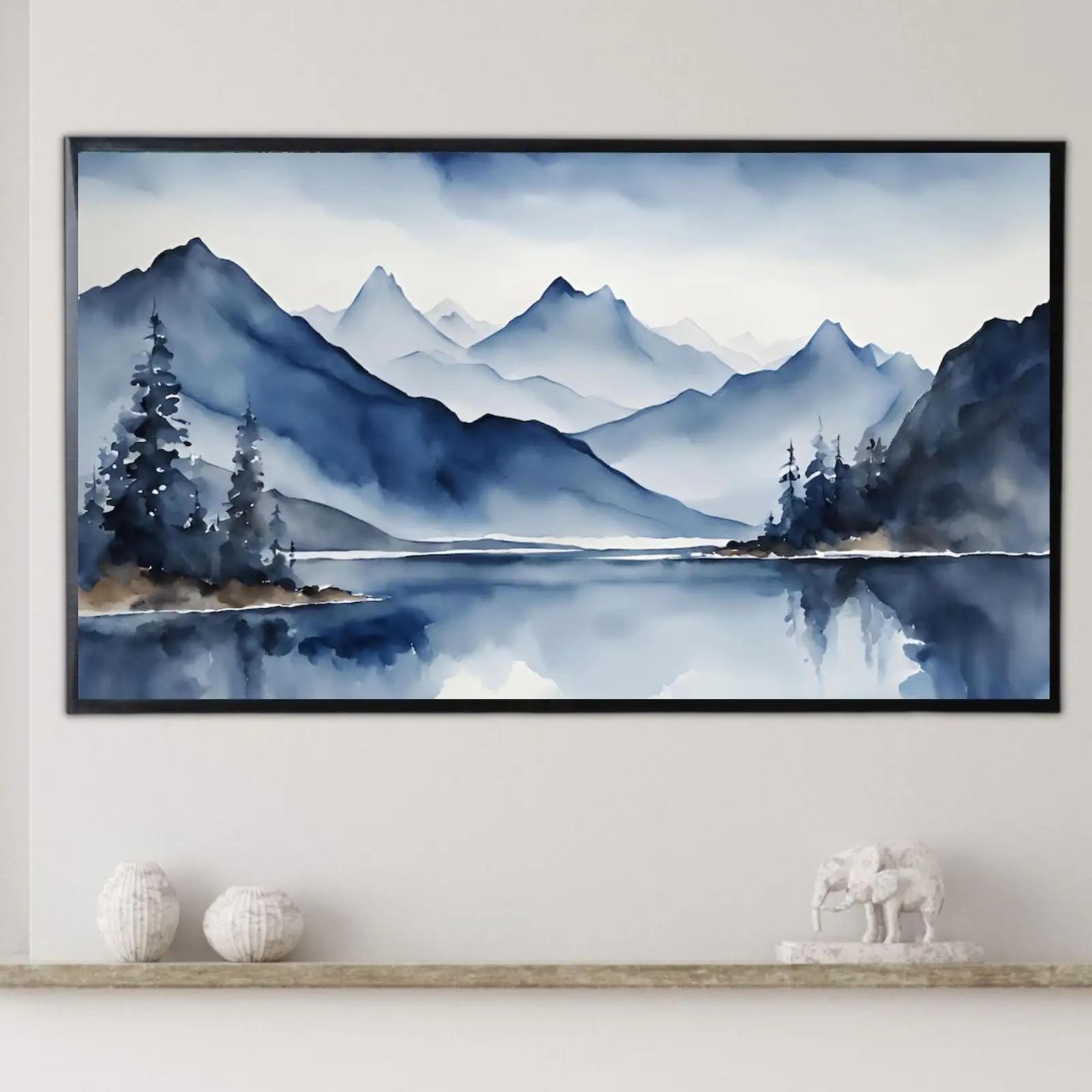 Blue Mountains Lake Art. Watercolor Decor for Frame TV. Minimalist Nature Scene Artwork – Frame TV Digital Download Art – Digital Download