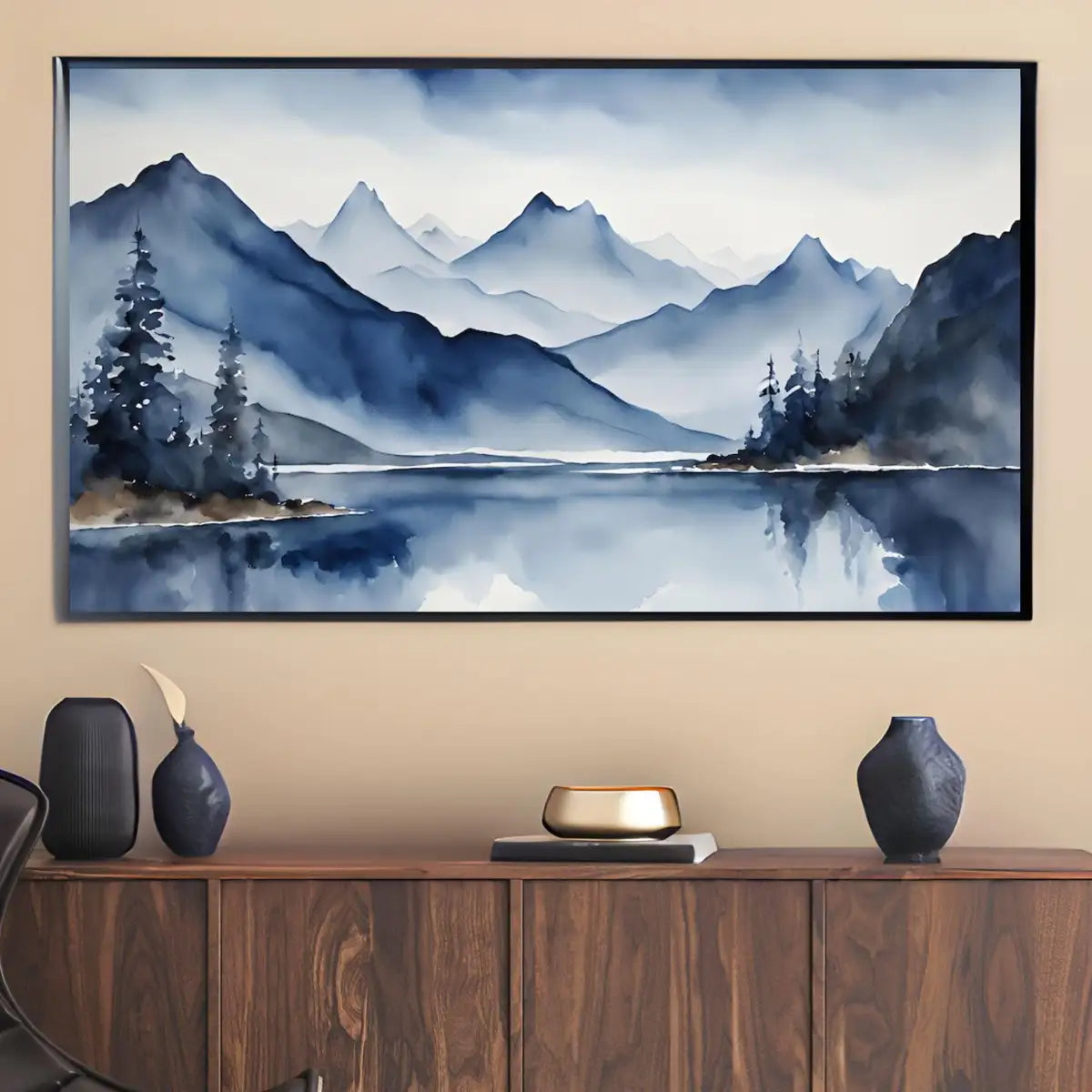 Blue Mountains Lake Art. Watercolor Decor for Frame TV. Minimalist Nature Scene Artwork – Frame TV Digital Download Art – Digital Download