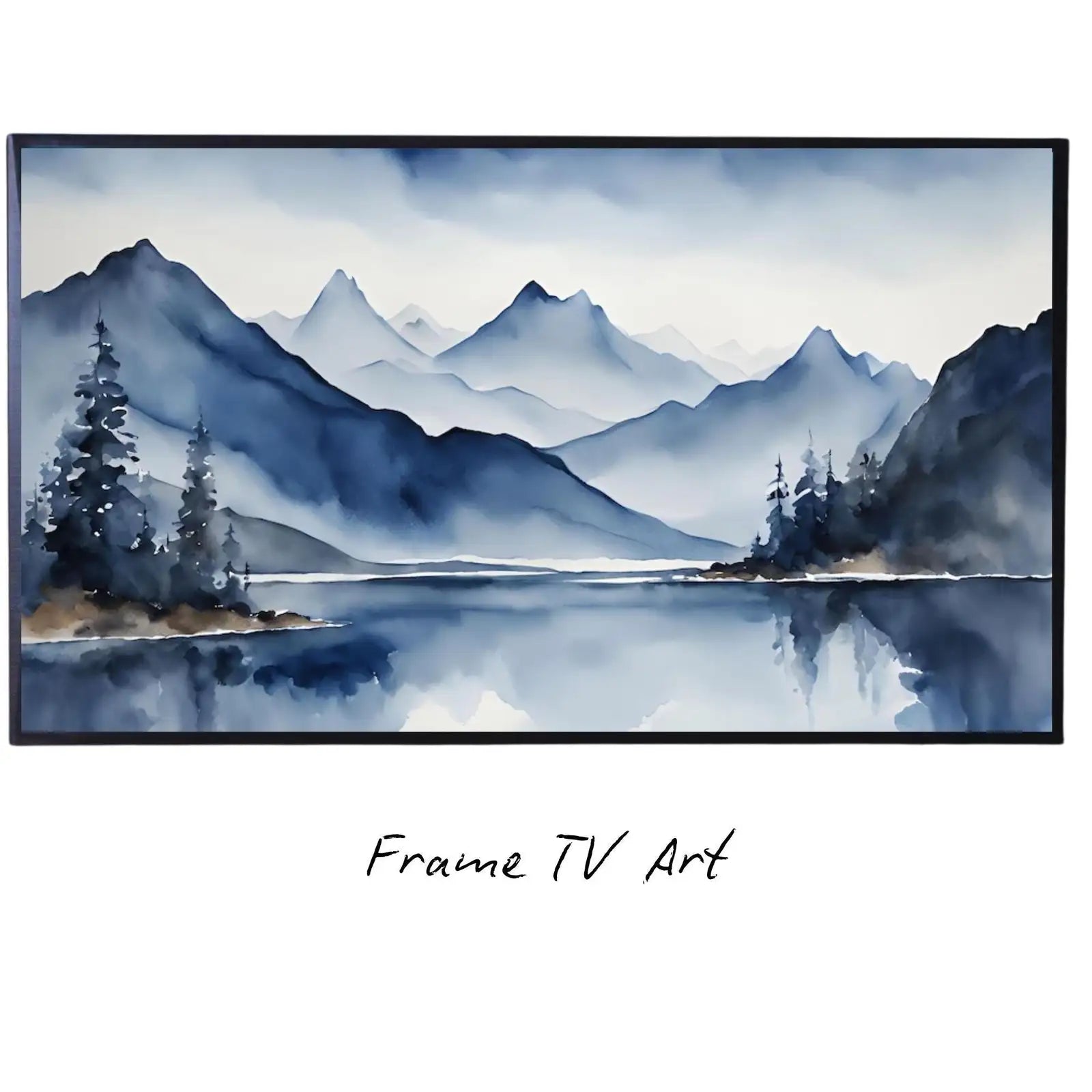 Blue Mountains Lake Art. Watercolor Decor for Frame TV. Minimalist Nature Scene Artwork – Frame TV Digital Download Art – Digital Download