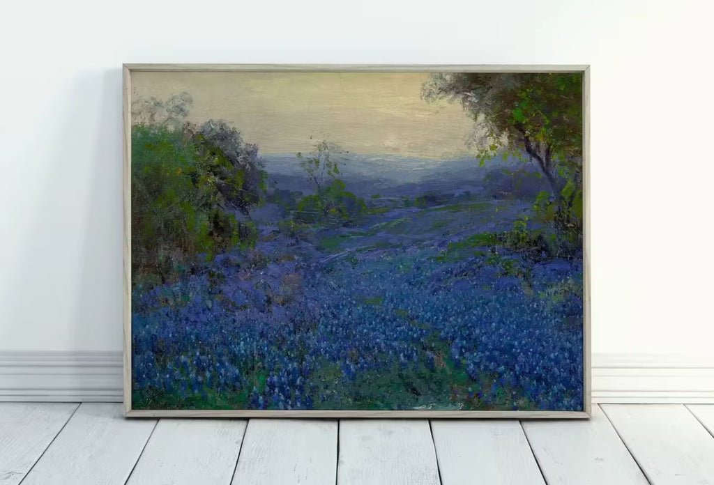 Bluebonnets in Spring. Printable Spring Meadow Landscape Painting. Vintage Landscape Print Texas Bluebonnets Painting. Flower Field – Printable Wall Art