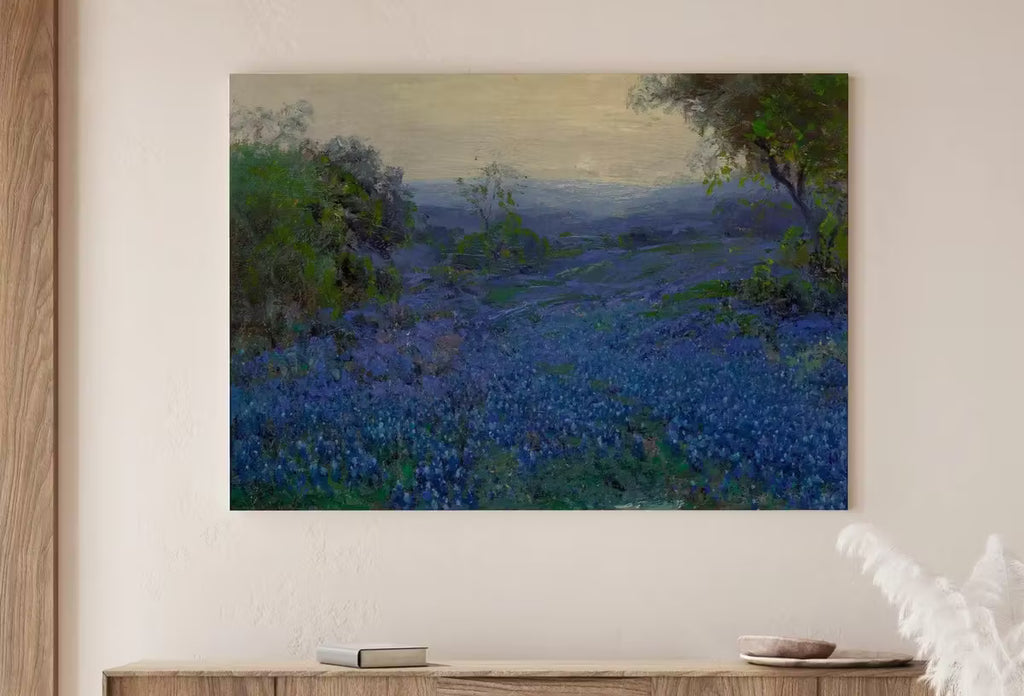 Bluebonnets in Spring. Printable Spring Meadow Landscape Painting. Vintage Landscape Print Texas Bluebonnets Painting. Flower Field – Printable Wall Art