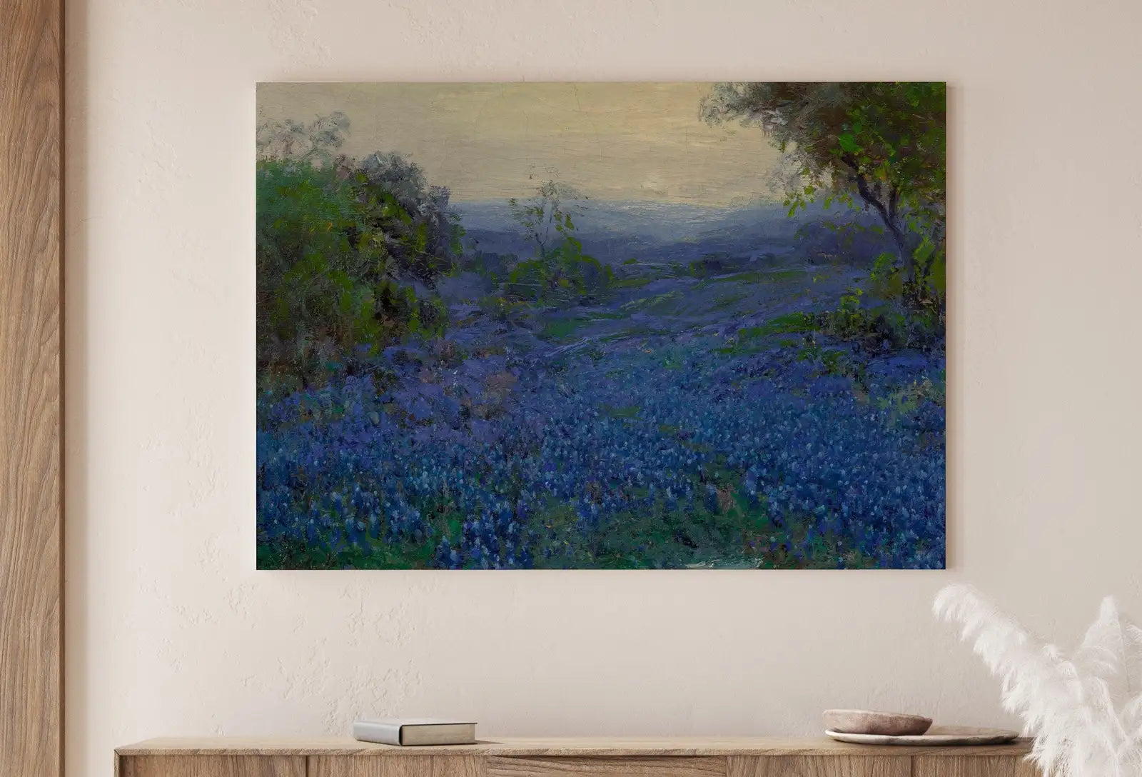 Detail view of artwork from Bluebonnets in Spring. Printable Spring Meadow Landscape Painting. Vintage Landscape Print Texas Bluebonnets Painting. Flower Field. (variation 1)