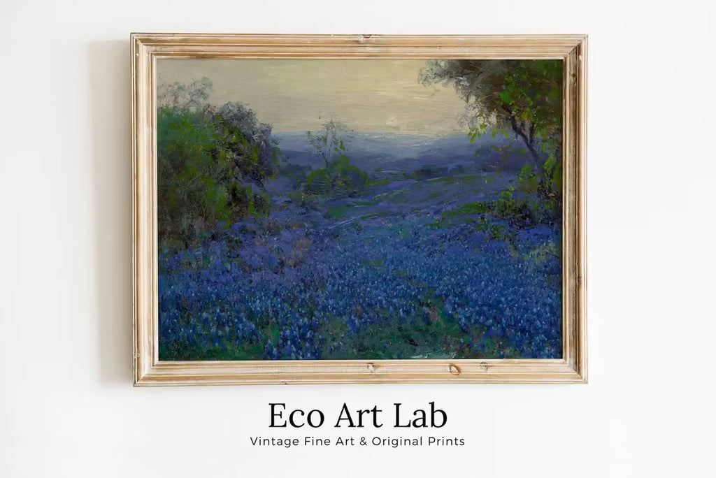 Bluebonnets in Spring. Printable Spring Meadow Landscape Painting. Vintage Landscape Print Texas Bluebonnets Painting. Flower Field – Printable Wall Art