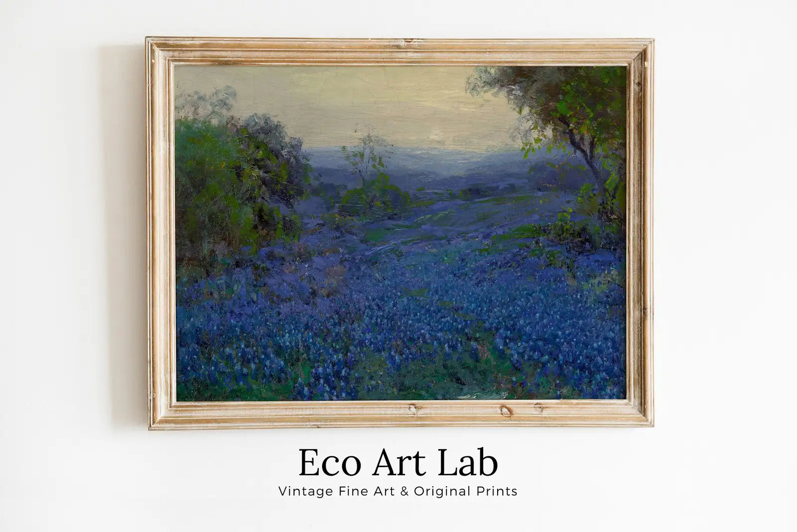 Framed view of Bluebonnets in Spring. Printable Spring Meadow Landscape Painting. Vintage Landscape Print Texas Bluebonnets Painting. Flower Field – printable wall art digital download.
