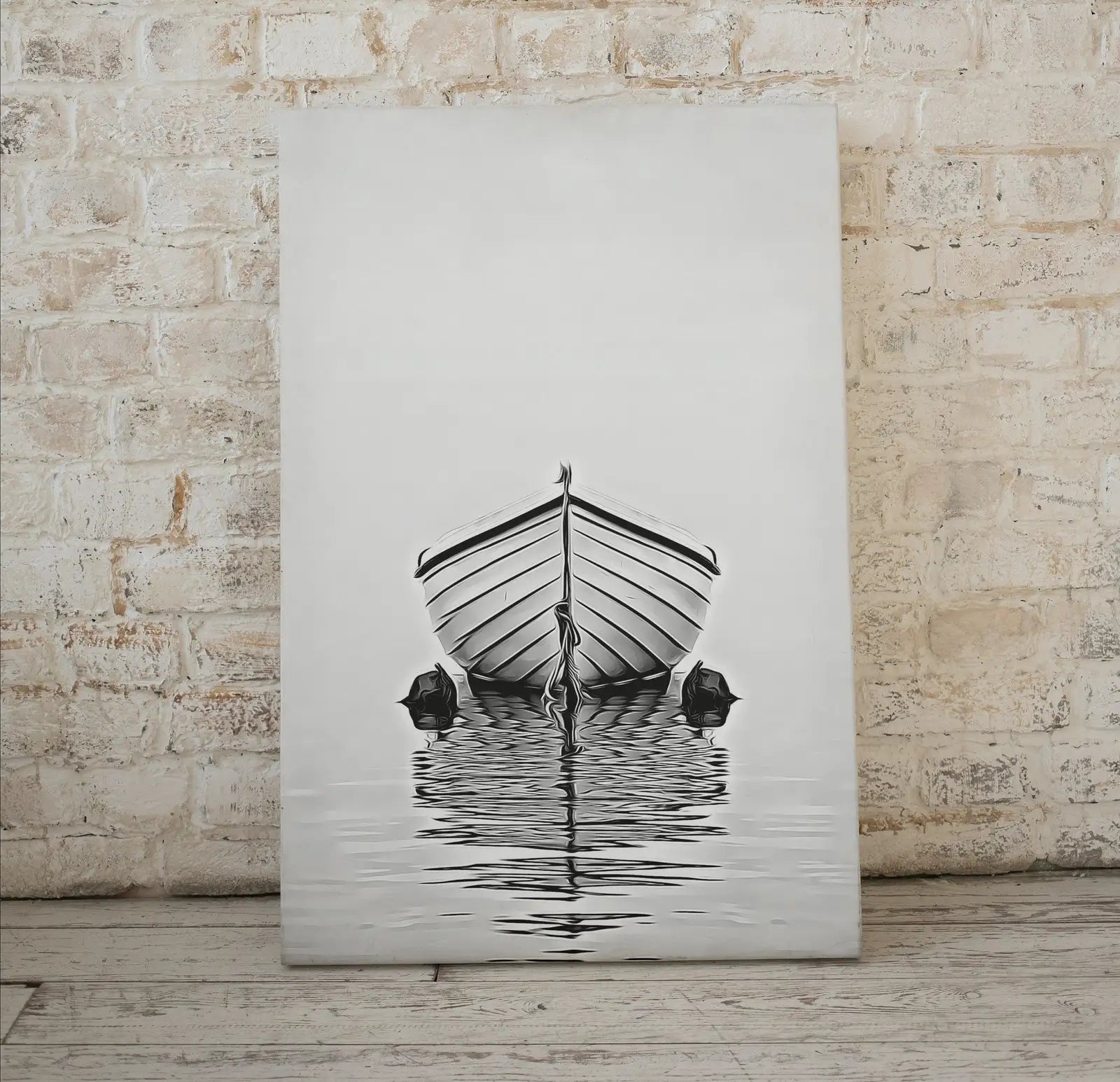 Detail view of artwork from Boat At Sea Print Nautical Wall Decor. Printable Wall Art. Digital Print. Black and White Print. Minimalist Wall Art. Vertical Boat Poster. (variation 1)