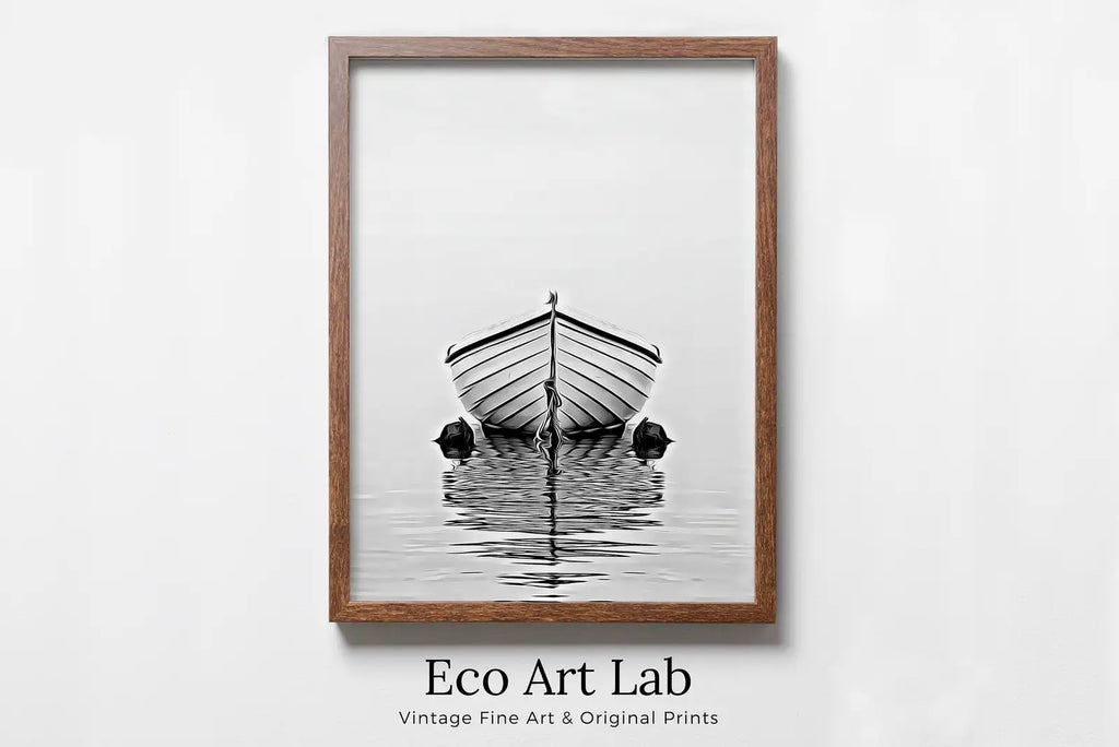 Framed view of Boat At Sea Print Nautical Wall Decor. Printable Wall Art. Digital Print. Black and White Print. Minimalist Wall Art. Vertical Boat Poster – printable wall art digital download.