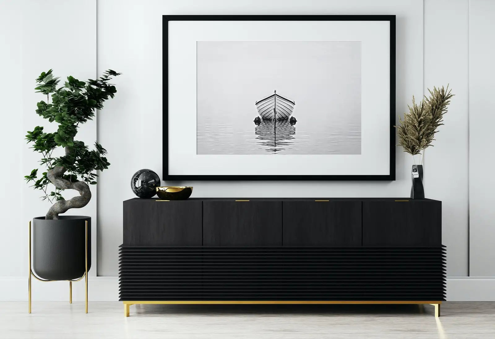 Detail view of artwork from Boat At Sea Print, Nautical Wall Decor, Printable Wall Art Prints, Digital Print, Black and White Print Minimalist Wall Art, Boat Print. Zen. (variation 1)