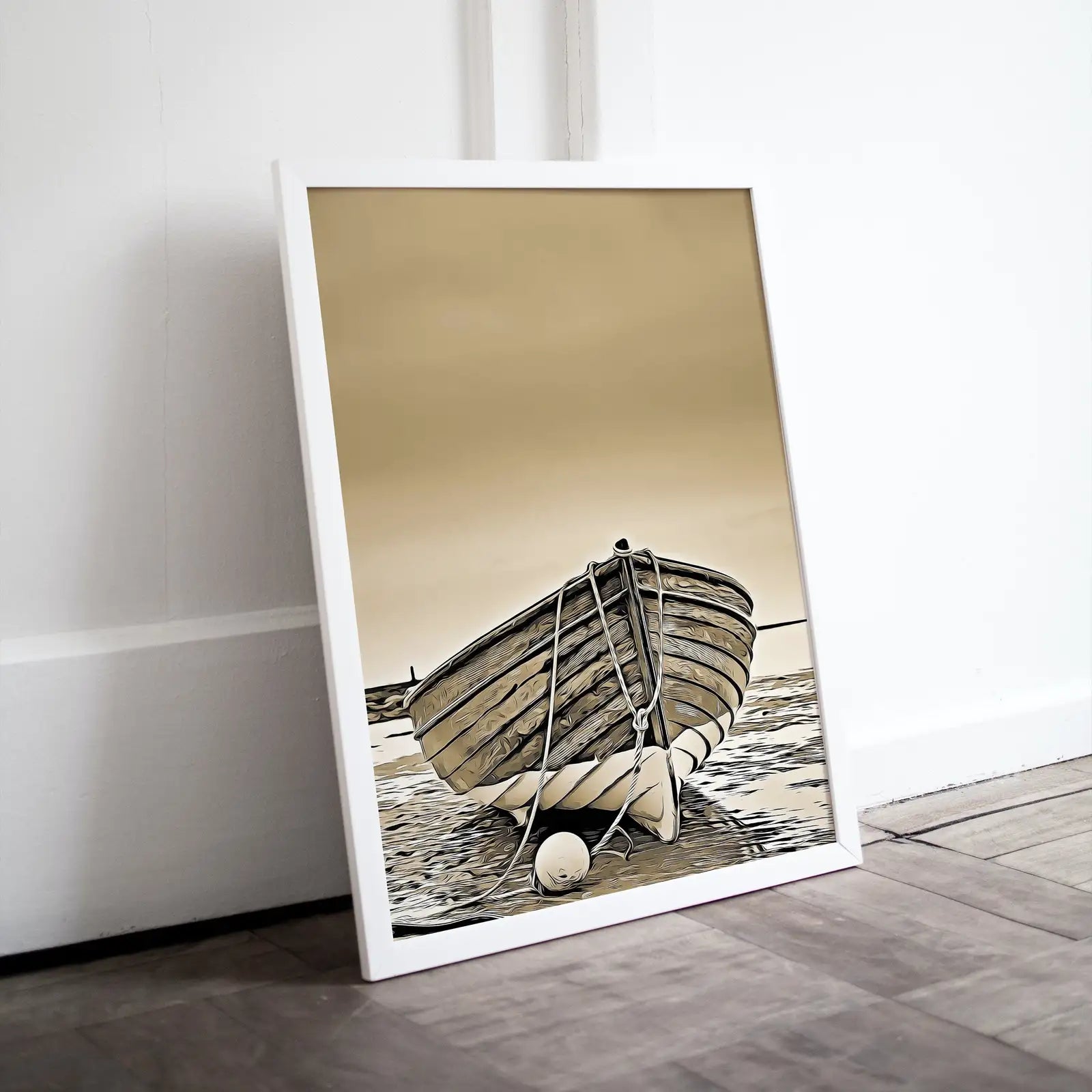Detail view of artwork from Boat on the Shore Print, Nautical Wall Decor, Printable Wall Art Prints, Instant Download Neutral Wall Art. Boat Print Coastal Wall Art. (variation 1)