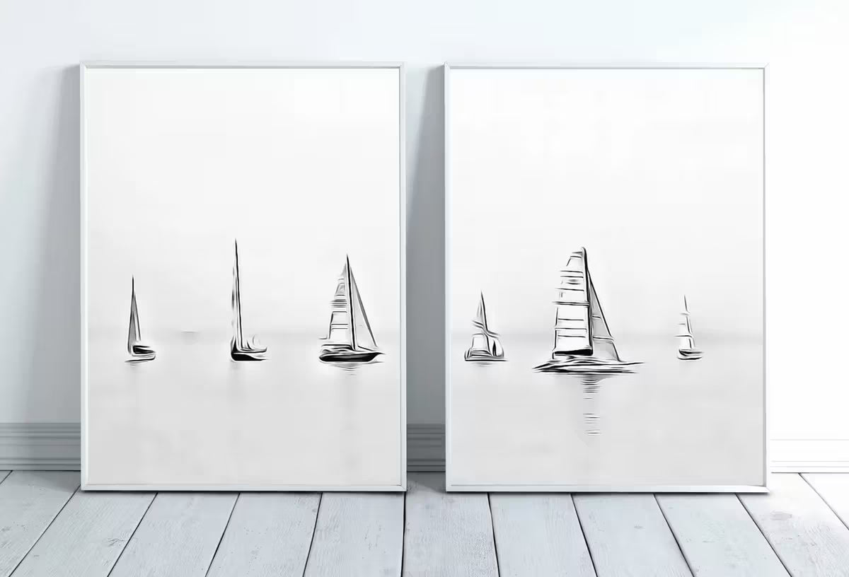 Boats At Sea Set of 2 Prints, Nautical Wall Decor. Printable Wall Art Prints, 2 piece wall art Black and White Print Minimalist boat decor – Printable Wall Art Set