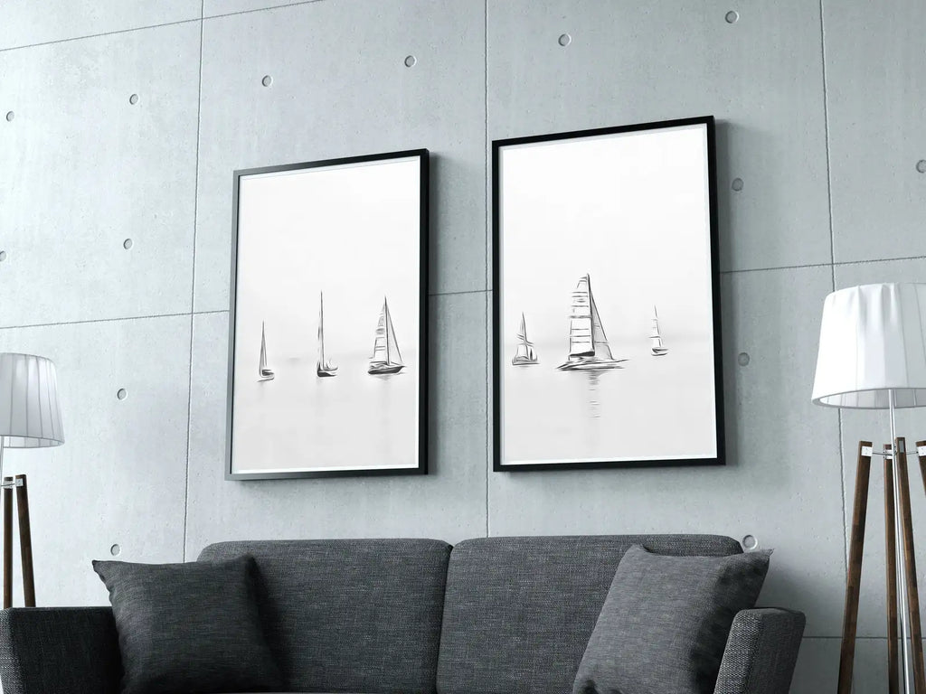Ensemble de 2 affiches, bateaux en mer, décor mural nautique. Affiches d’art mural à télécharger, art mural de 2 pièces, affiche noir et blanc minimaliste de bateau.