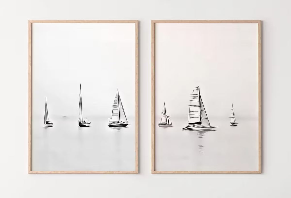 Boats At Sea Set of 2 Prints, Nautical Wall Decor. Printable Wall Art Prints, 2 piece wall art Black and White Print Minimalist boat decor – Printable Wall Art Set