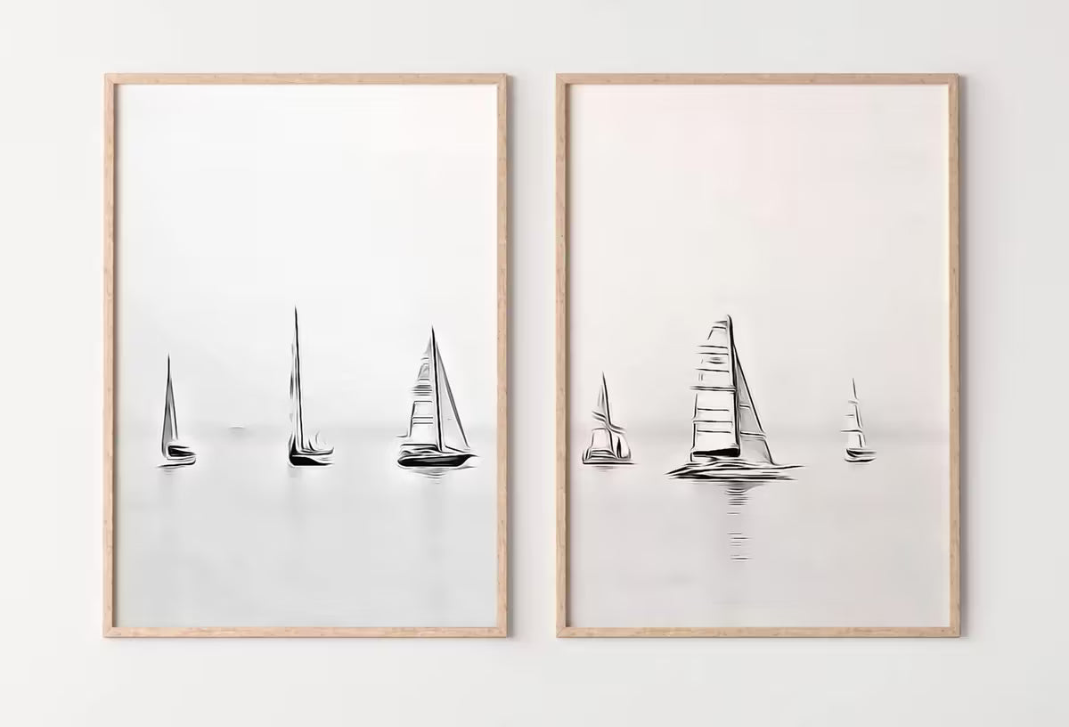 Boats At Sea Set of 2 Prints, Nautical Wall Decor. Printable Wall Art Prints, 2 piece wall art Black and White Print Minimalist boat decor – Printable Wall Art Set