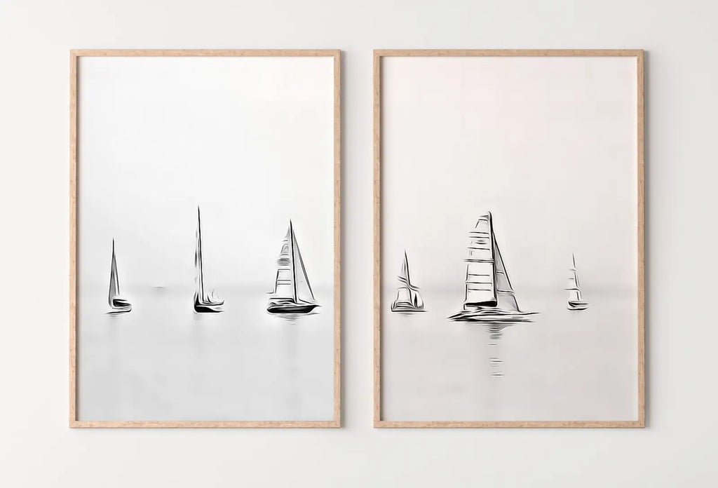 Ensemble de 2 affiches, bateaux en mer, décor mural nautique. Affiches d’art mural à télécharger, art mural de 2 pièces, affiche noir et blanc minimaliste de bateau.