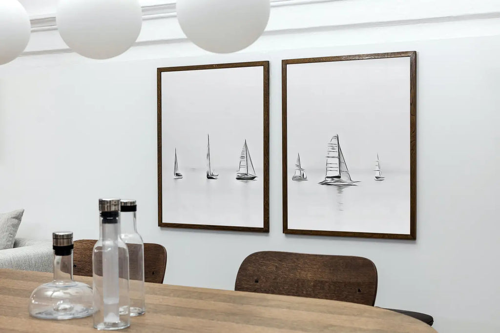 Ensemble de 2 affiches, bateaux en mer, décor mural nautique. Affiches d’art mural à télécharger, art mural de 2 pièces, affiche noir et blanc minimaliste de bateau.