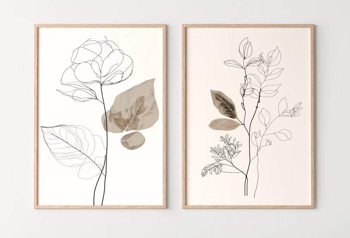 Botanical Line Art Set of 2 Prints. Neutral Wall Art Prints. Plant Prints Minimalist Modern Beige & White Wall Decor. Printable Wall Art. #1 – Printable Wall Art Set
