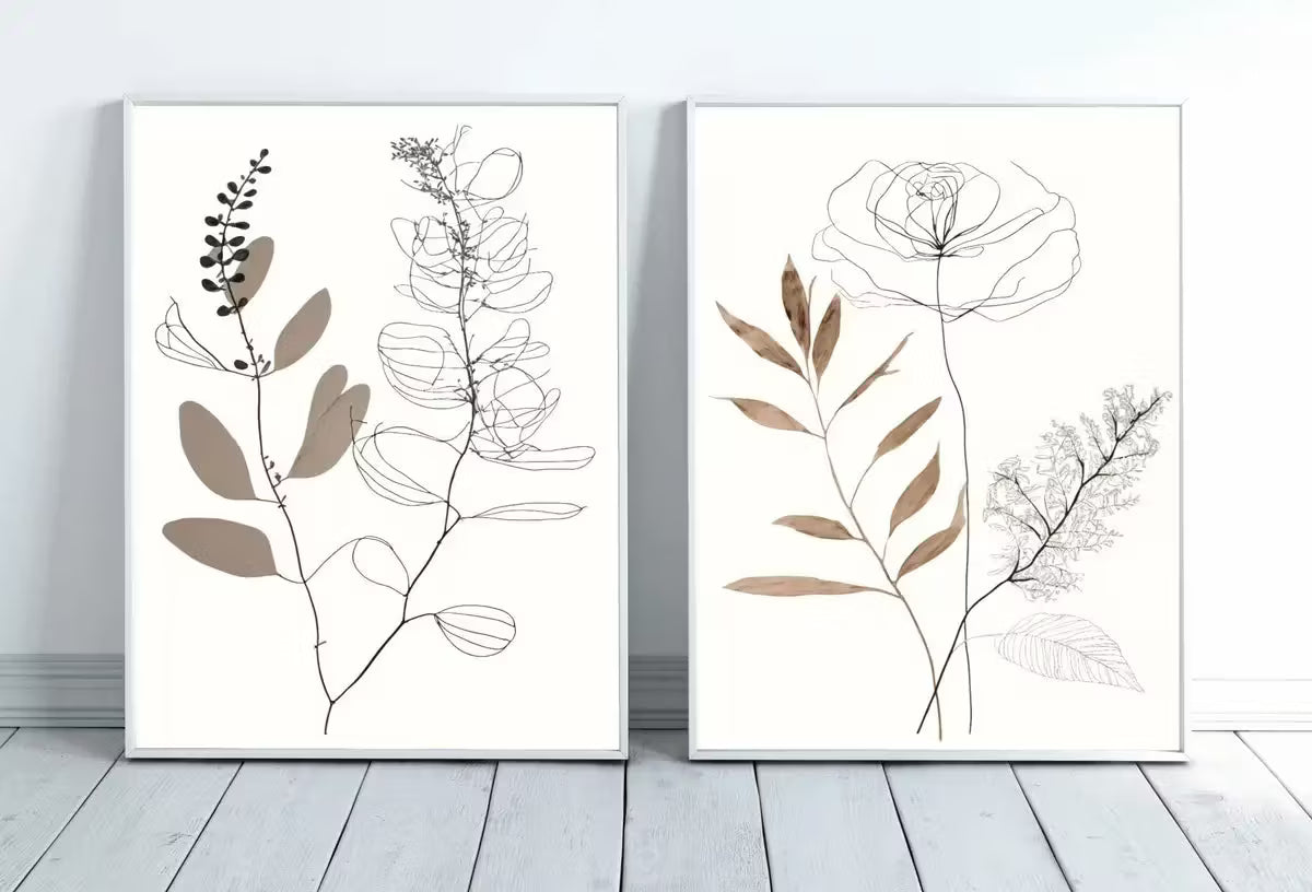 Botanical Line Art Set of 2 Prints. Neutral Wall Art Prints. Plant Prints Minimalist Modern Beige & White Wall Decor. Printable Wall Art. #3 – Printable Wall Art Set