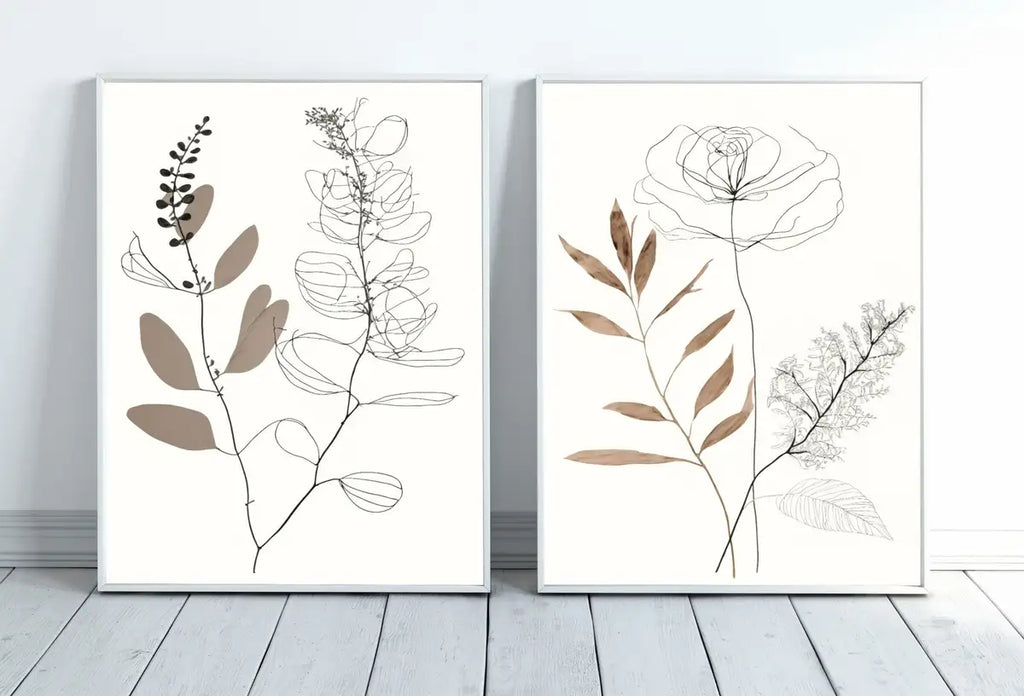 Ensemble de 2 impressions d’art de ligne botanique. Impressions d’art mural neutres. Impressions de plantes minimalistes modernes beige et blanc. Décor mural à imprimer. #3