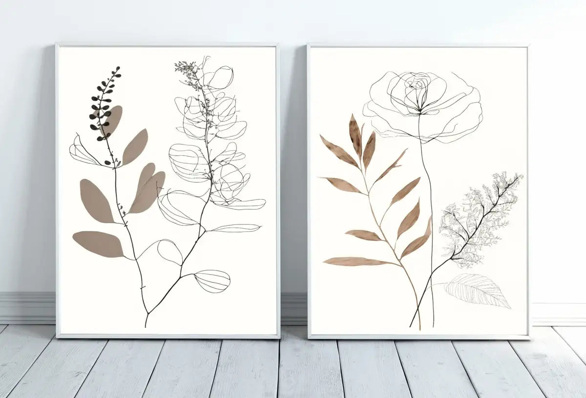 Ensemble de 2 impressions d’art de ligne botanique. Impressions d’art mural neutres. Impressions de plantes minimalistes modernes beige et blanc. Décor mural à imprimer. #3