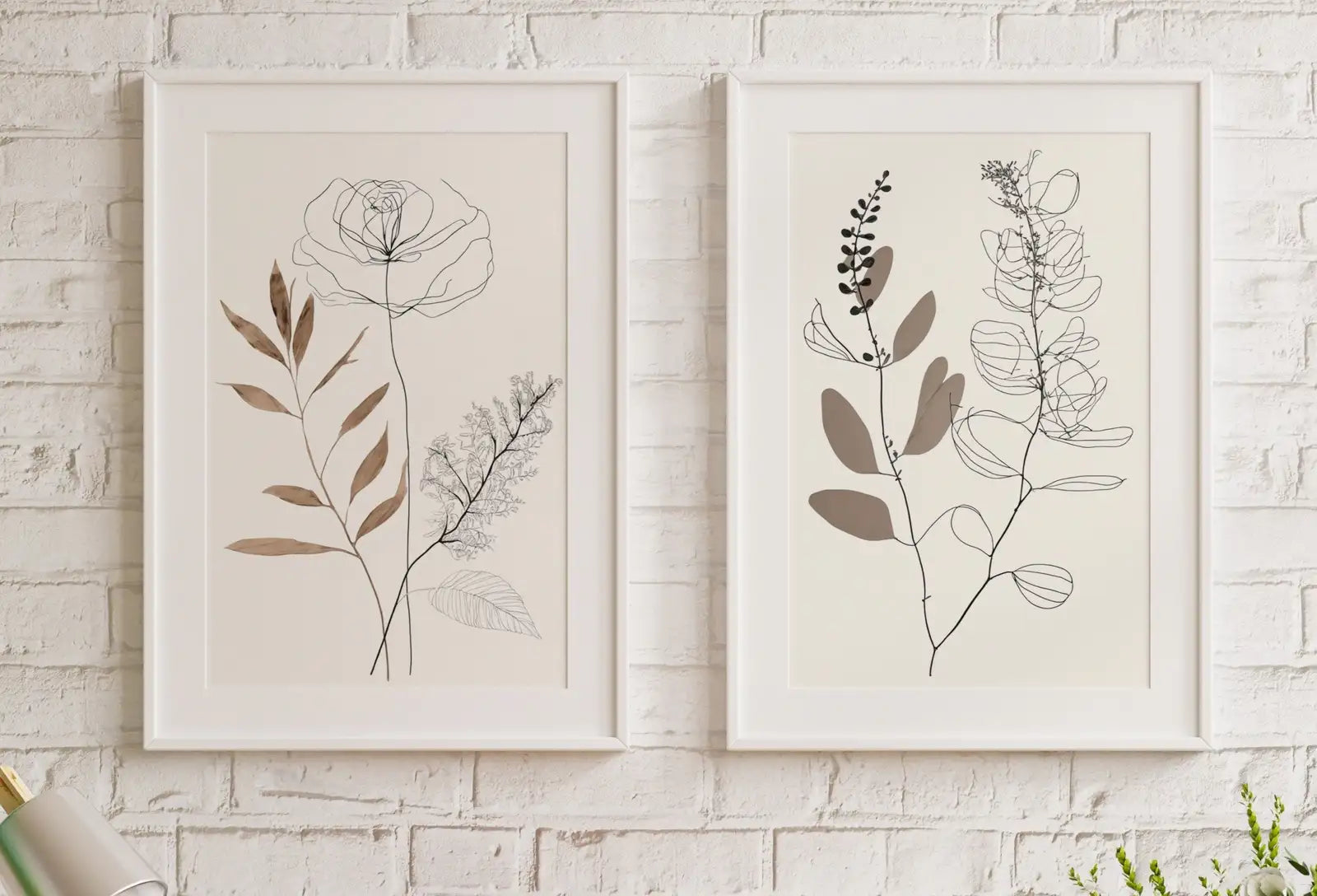 Ensemble de 2 impressions d’art de ligne botanique. Impressions d’art mural neutres. Impressions de plantes minimalistes modernes beige et blanc. Décor mural à imprimer. #3