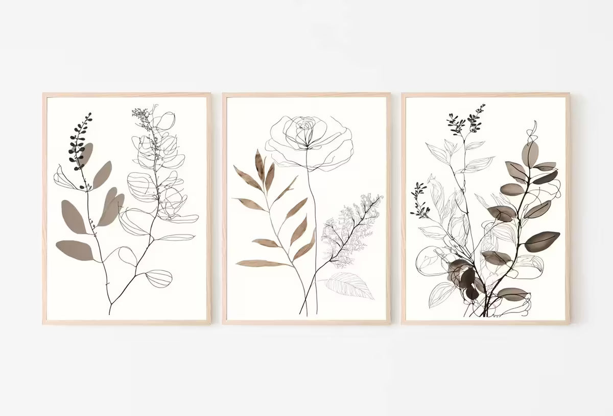 Botanical Line Art Set of 3 Prints. Neutral Wall Art Prints. Plant Prints Minimalist Modern Beige & White Wall Decor. Printable Wall Art. #1 – Printable Wall Art Set