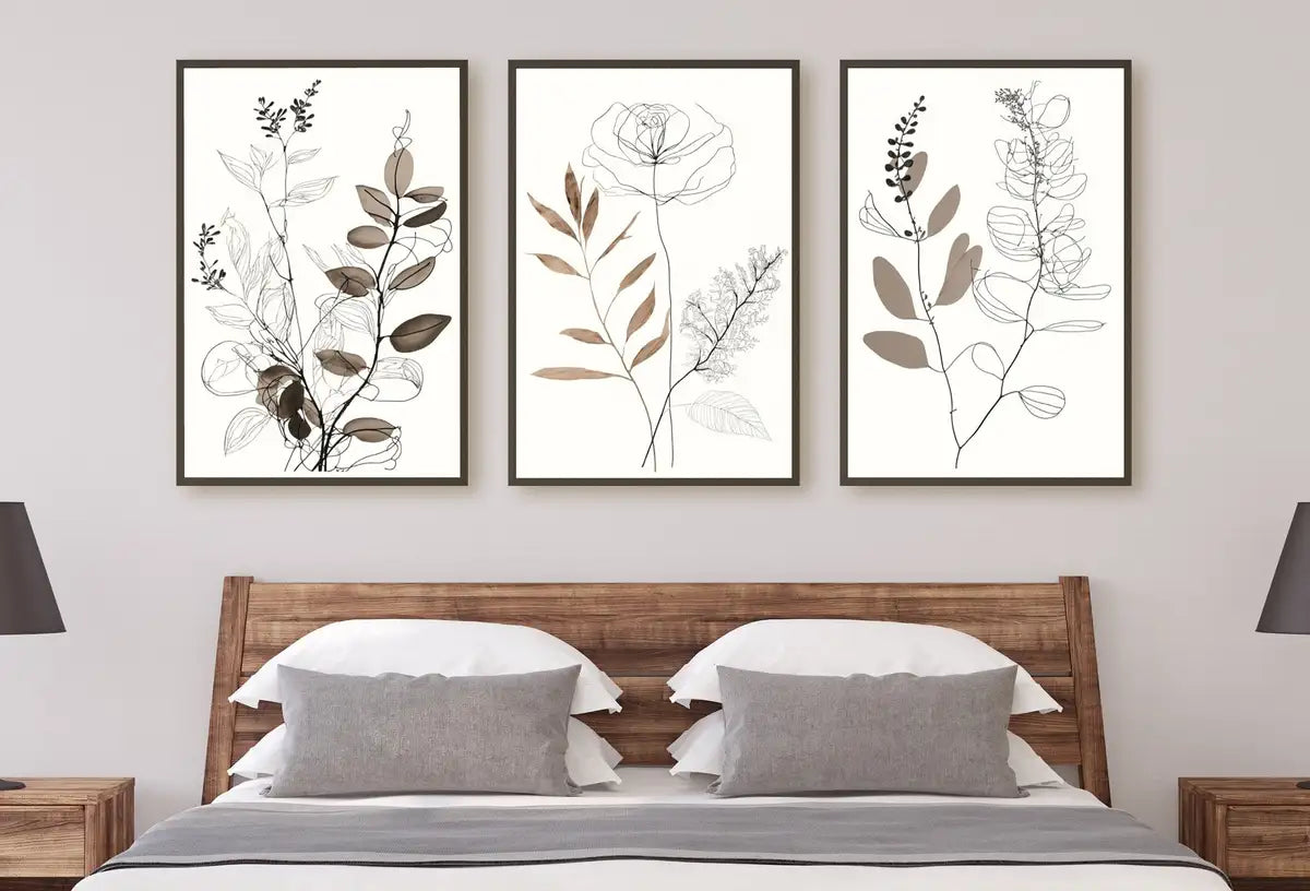 Ensemble de 3 impressions d’art botanique en traits minimalistes. Impressions murales neutres. Motifs de plantes minimalistes en beige et blanc. Art mural imprimable