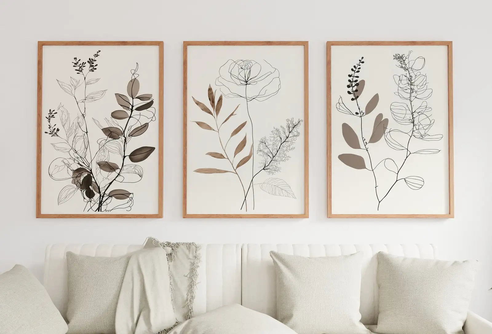Ensemble de 3 impressions d’art botanique en traits minimalistes. Impressions murales neutres. Motifs de plantes minimalistes en beige et blanc. Art mural imprimable