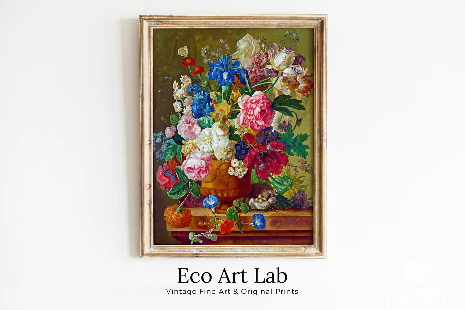 Framed view of Botanical Painting Still Life Printable Digital Wall Art, Flower Vase Still Art Vintage Print, Antique Retro Style Colorful Instant Download – printable wall art digital download.