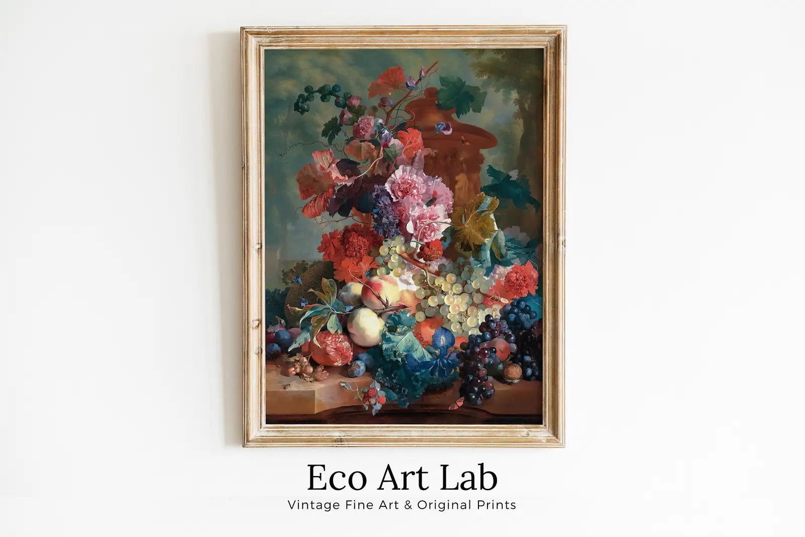 Framed view of Botanical Painting Still Life Printable Digital Wall Art. Flowers & Fruits Still Art Vintage Print, Antique Retro Colorful Instant Download – printable wall art digital download.