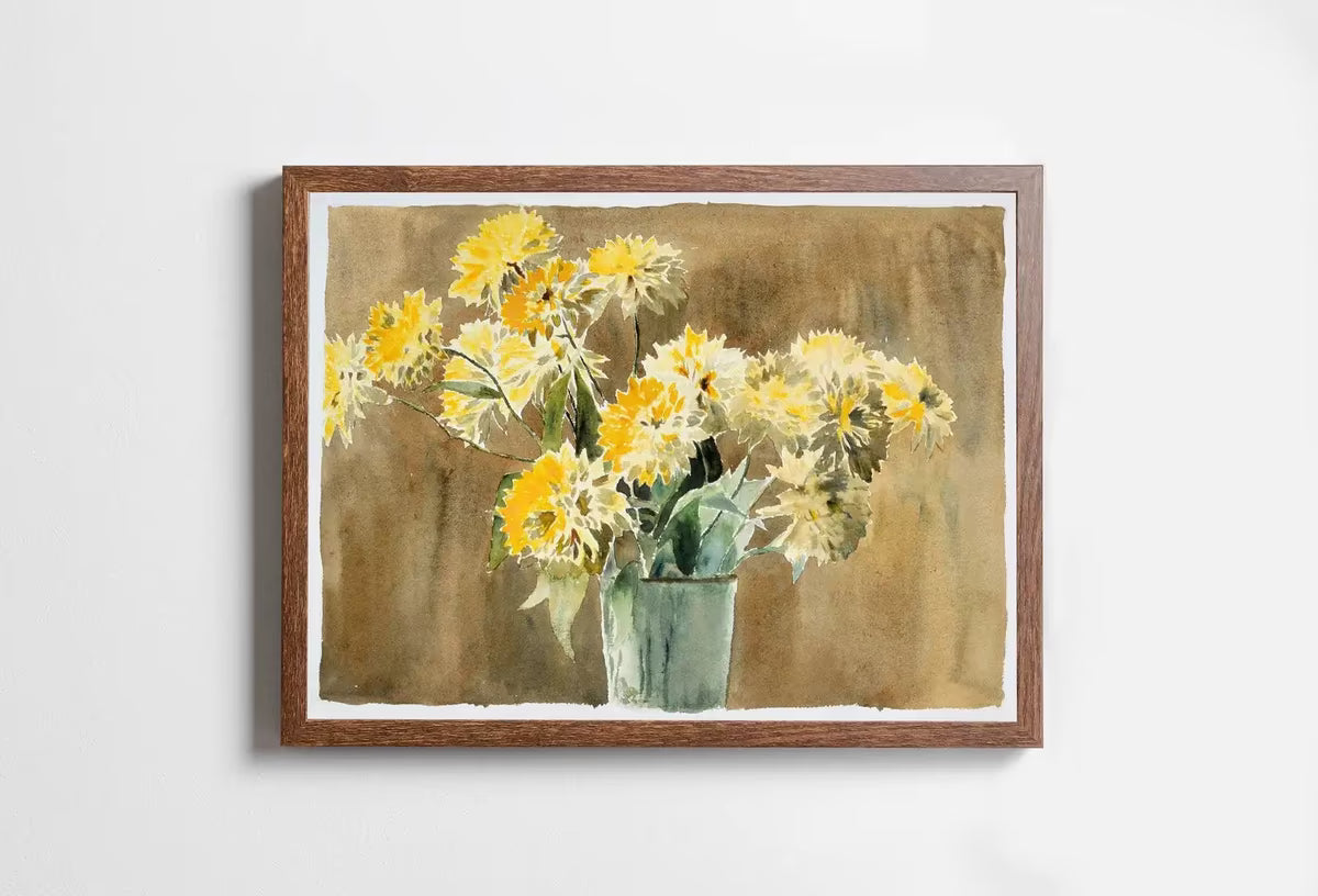 Botanical Painting Still Life Printable Digital Wall Art. Yellow Flowers Vase Still Art Vintage Print, Antique Retro Style Instant Download – Printable Wall Art
