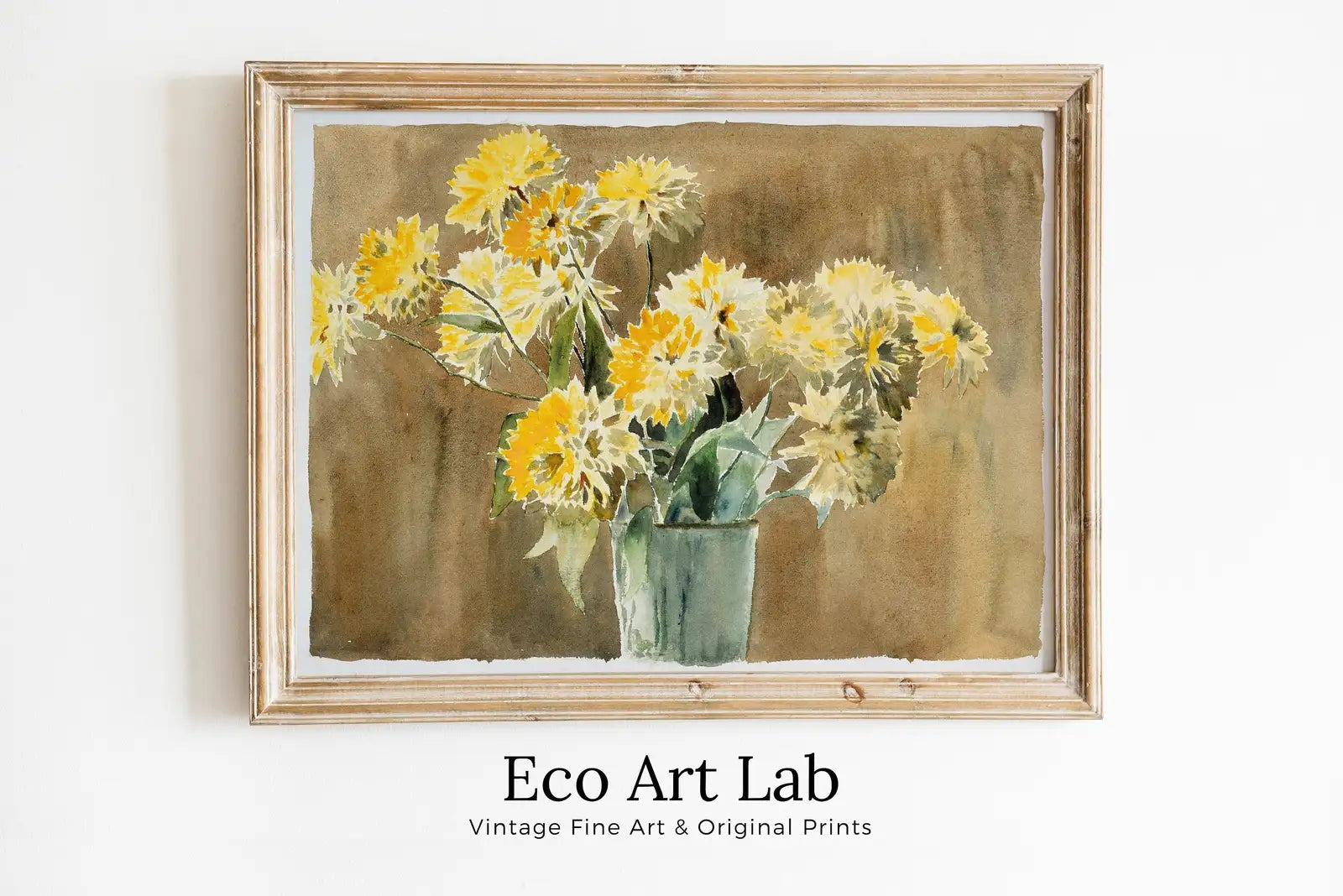 Framed view of Botanical Painting Still Life Printable Digital Wall Art. Yellow Flowers Vase Still Art Vintage Print, Antique Retro Style Instant Download – printable wall art digital download.