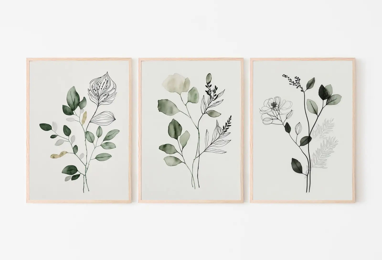 Botanical Print Set of 3. Sage Green Gallery Wall Art. Boho Wild Flowers Printable Art. Abstract Line Art. Watercolor Floral Minimalist #2 – Printable Wall Art Set (Digital Download) – Digital Download