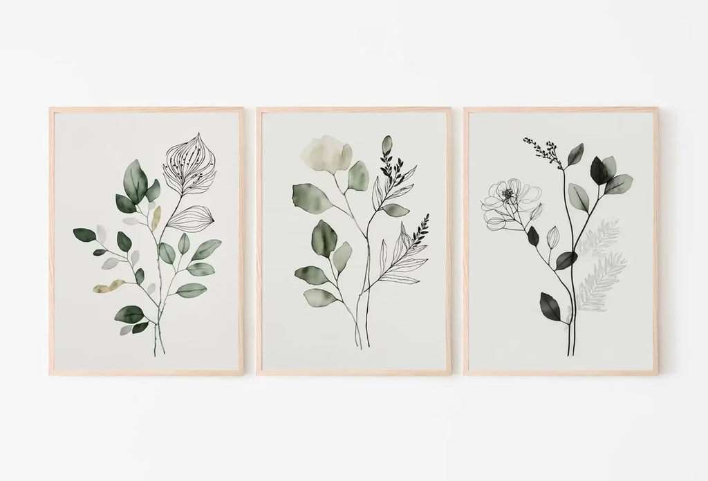 Botanical Print Set of 3. Sage Green Gallery Wall Art. Boho Wild Flowers Printable Art. Abstract Line Art. Watercolor Floral Minimalist #2 – Printable Wall Art Set