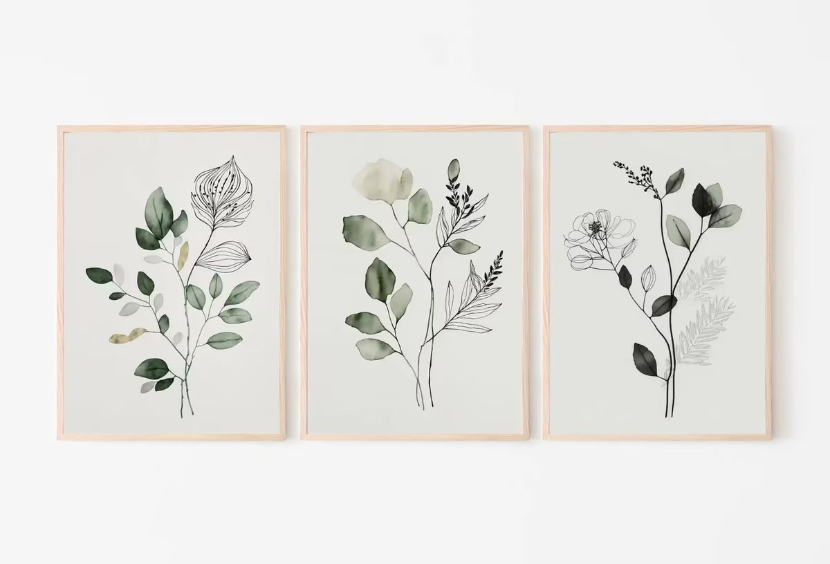 Botanical Print Set of 3. Sage Green Gallery Wall Art. Boho Wild Flowers Printable Art. Abstract Line Art. Watercolor Floral Minimalist #2 – Printable Wall Art Set