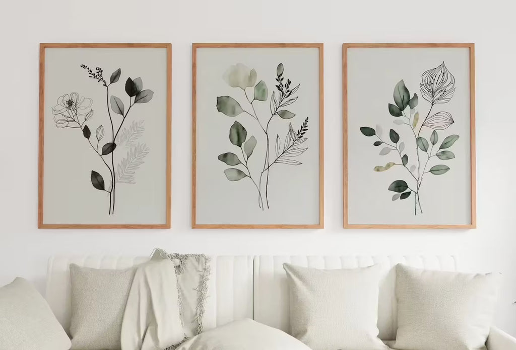 Botanical Print Set of 3. Sage Green Gallery Wall Art. Boho Wild Flowers Printable Art. Abstract Line Art. Watercolor Floral Minimalist #2 – Printable Wall Art Set