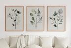 Framed view of Botanical Print Set of 3. Sage Green Gallery Wall Art. Boho Wild Flowers Printable Art. Abstract Line Art. Watercolor Floral Minimalist #2 – printable wall art digital download.