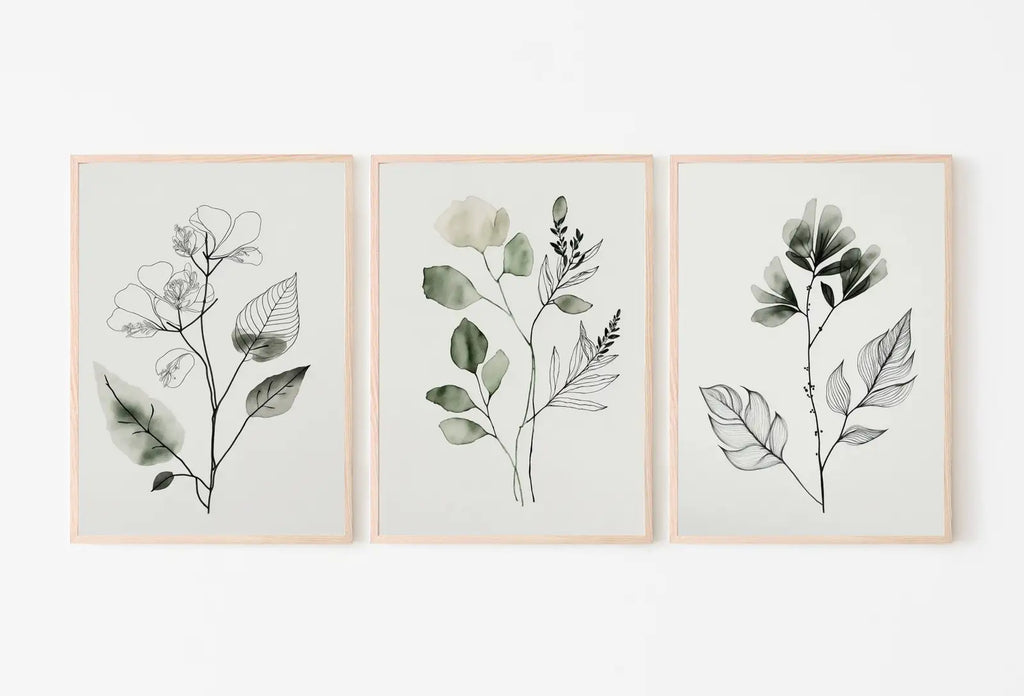 Framed view of Botanical Print Set of 3. Sage Green Gallery Wall Art. Boho Wild Flowers Printable Art. Abstract Line Art. Watercolor Floral Minimalist #3 – printable wall art digital download.