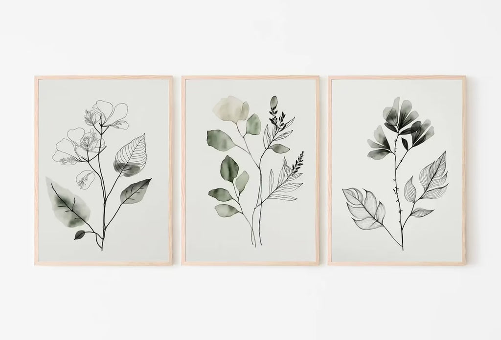 Botanical Print Set of 3. Sage Green Gallery Wall Art. Boho Wild Flowers Printable Art. Abstract Line Art. Watercolor Floral Minimalist #3 – Printable Wall Art Set