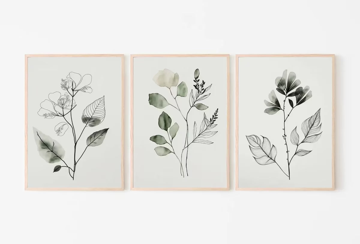 Botanical Print Set of 3. Sage Green Gallery Wall Art. Boho Wild Flowers Printable Art. Abstract Line Art. Watercolor Floral Minimalist #3 – Printable Wall Art Set