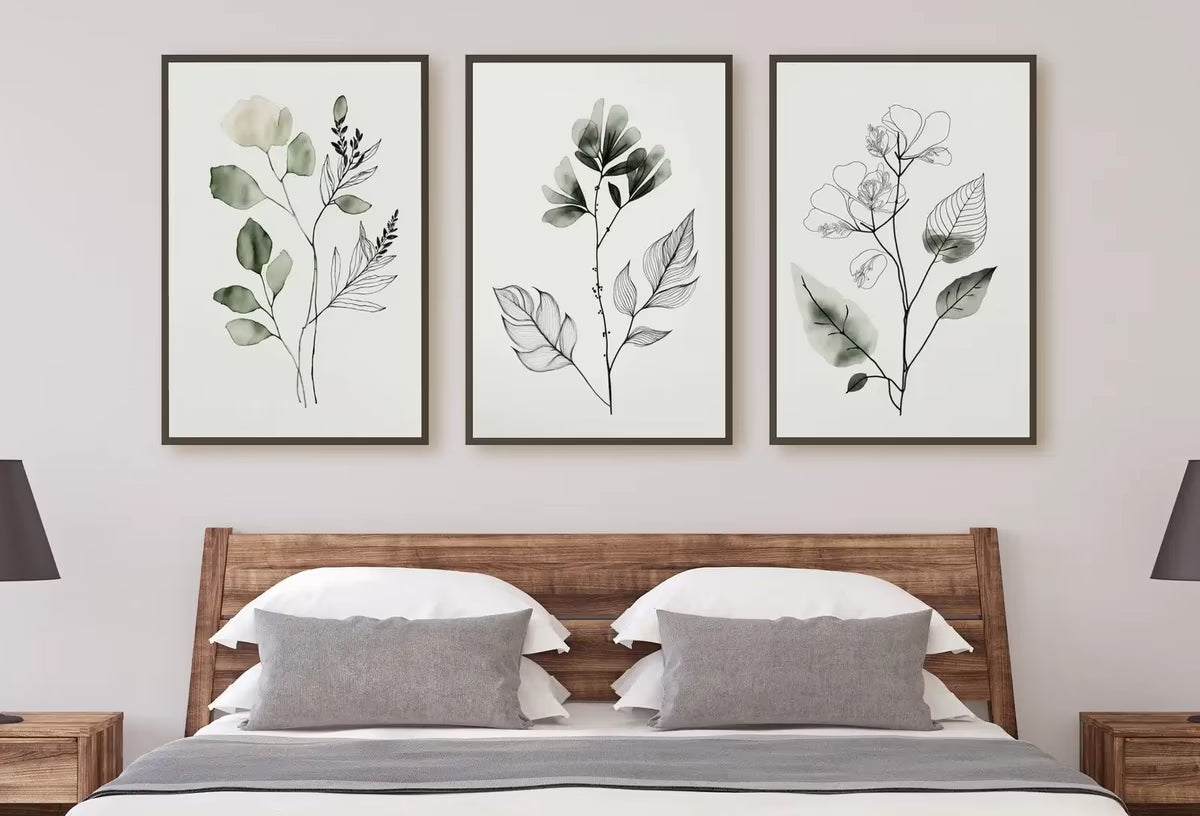 Botanical Print Set of 3. Sage Green Gallery Wall Art. Boho Wild Flowers Printable Art. Abstract Line Art. Watercolor Floral Minimalist #3 – Printable Wall Art Set