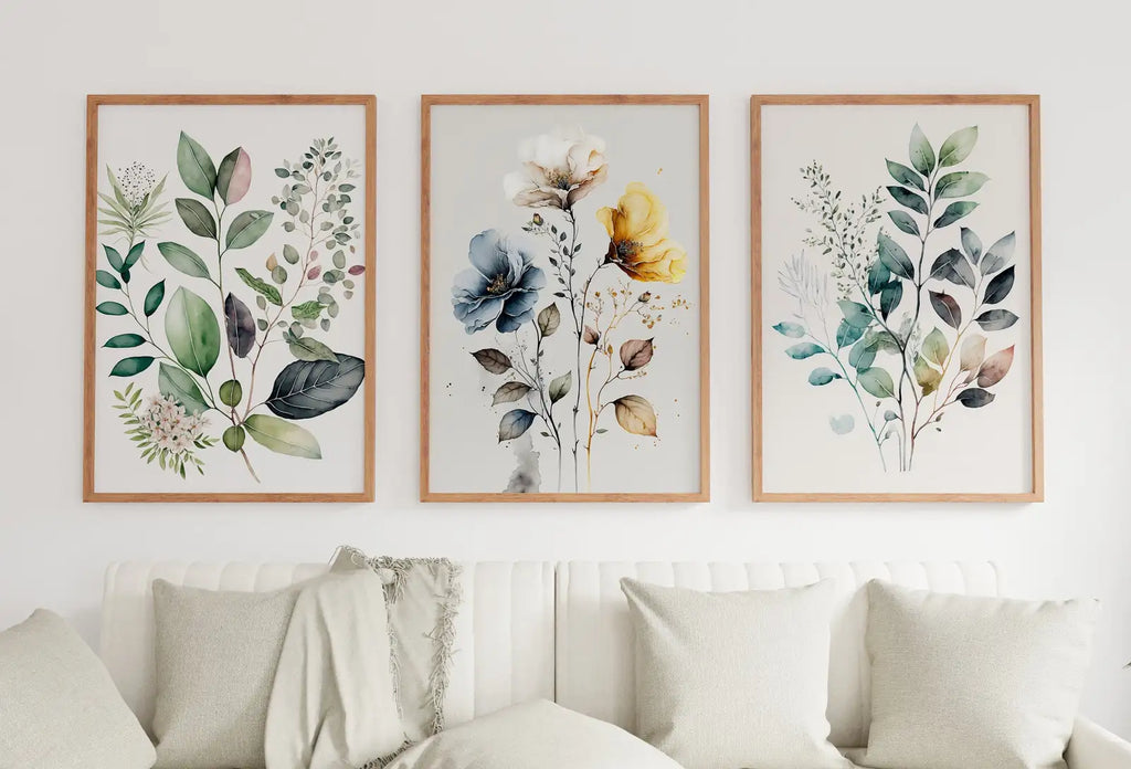 Framed view of Botanical Print Set of 3. Watercolor Gallery Wall Art. Floral Printable Line Art. Wild Flowers Bouquet Art. Minimal Boho Floral Prints. #1 – printable wall art digital download.