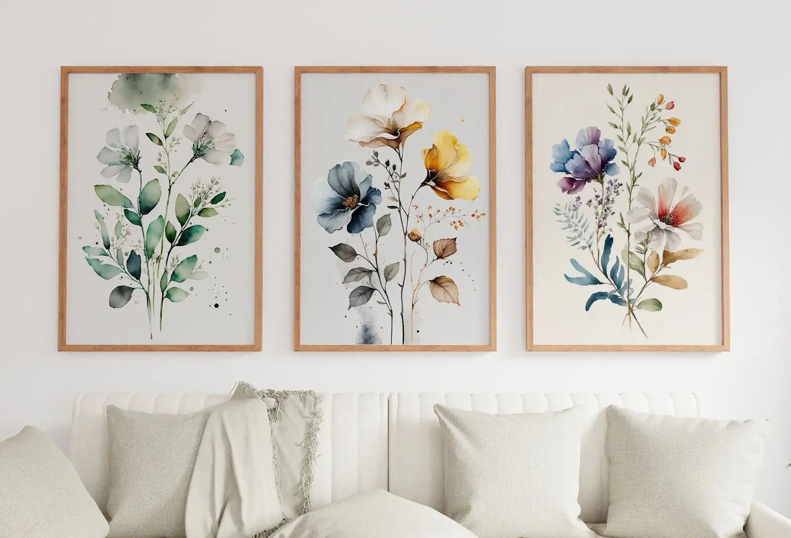 Ensemble de 3 impressions botaniques : Art mural aquarelle pour galerie, art floral imprimable, bouquet de fleurs sauvages, impressions florales bohèmes minimalistes.