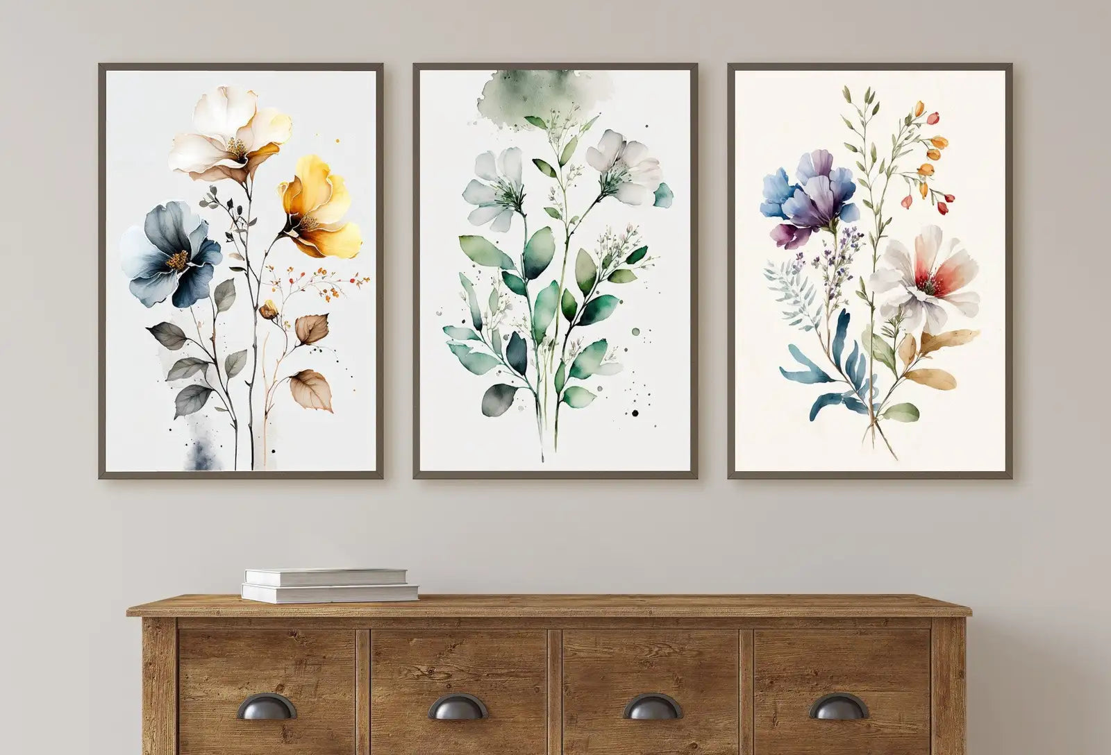 Ensemble de 3 impressions botaniques : Art mural aquarelle pour galerie, art floral imprimable, bouquet de fleurs sauvages, impressions florales bohèmes minimalistes.