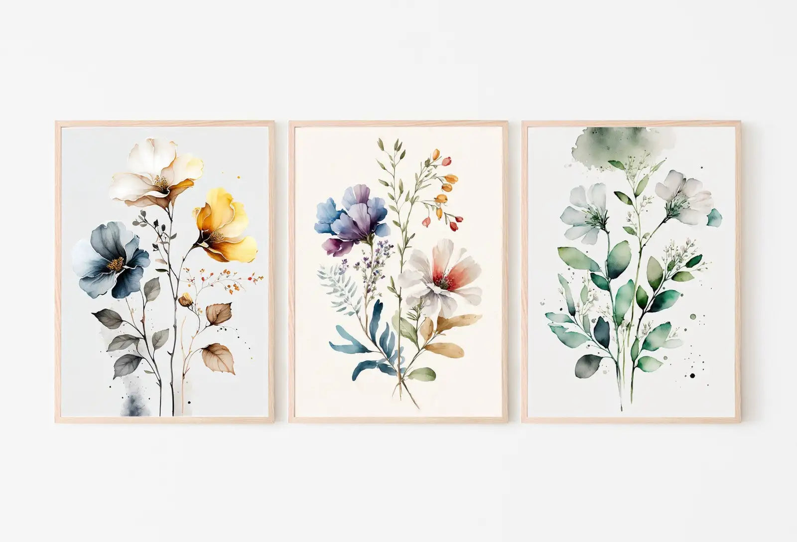 Ensemble de 3 impressions botaniques : Art mural aquarelle pour galerie, art floral imprimable, bouquet de fleurs sauvages, impressions florales bohèmes minimalistes.